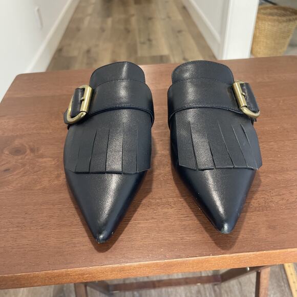 Black Leather Mules Sz 7 Pointy Toe Vero Cuoio Witchy Goth Brass Buckle Fringe - Picture 4 of 15